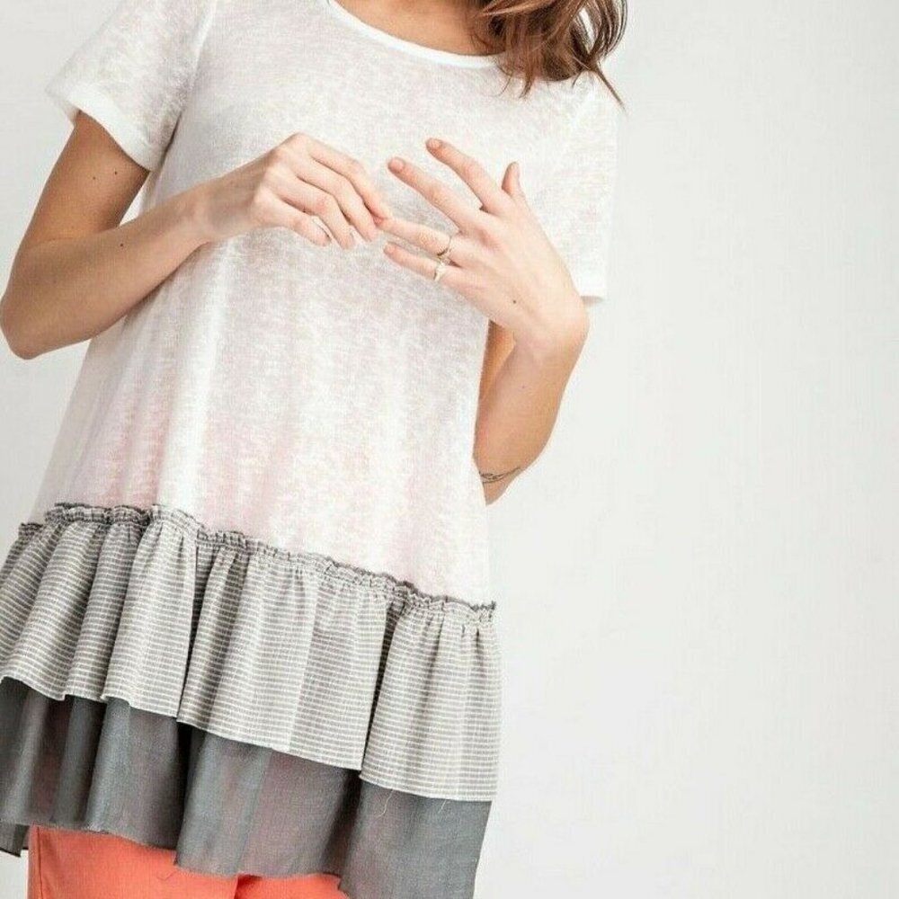 Easel Tunic Top Slub Tiered Ruffle Stripe‎ T Shirt Short Sleeve